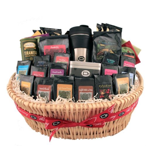 The coffee connoisseur gift basket looking good with shredded paper filler